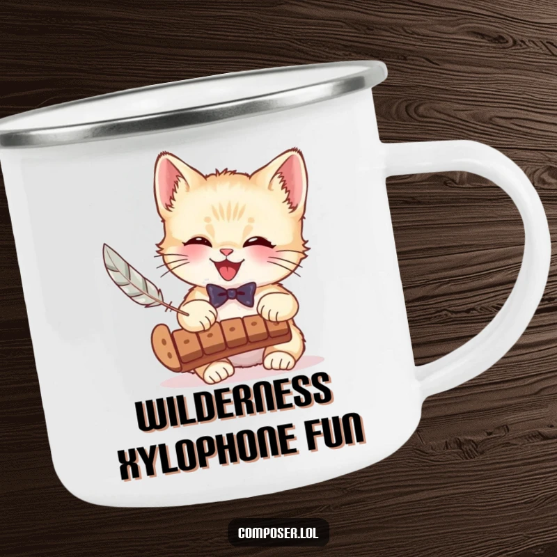 Funny camping mug with a giggling kitten in a bow tie playing a xylophone with a feather, ideal for outdoor music lovers.