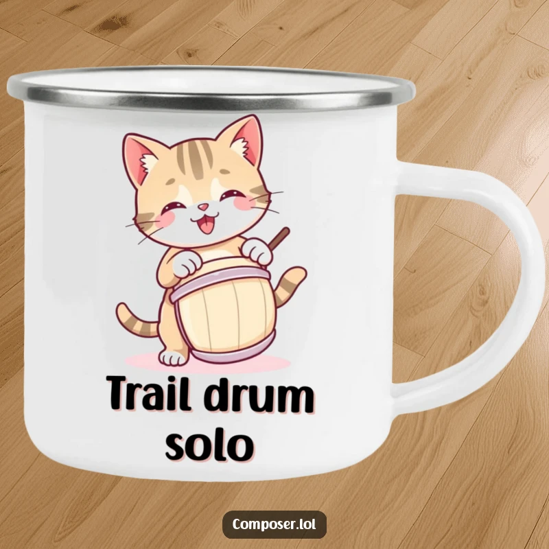 Funny camping mug featuring a joyful cat drummer, designed for outdoor use and musical enjoyment.