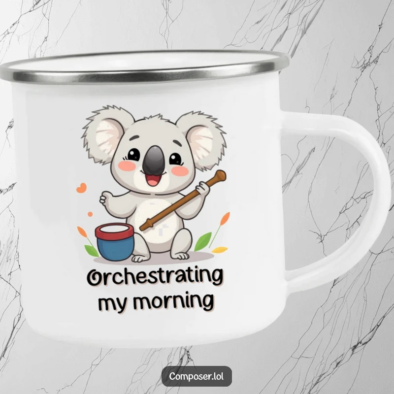 Funny Koala Camping Mug: A koala enthusiastically leads an orchestra with a twig baton, ideal for outdoor adventures.