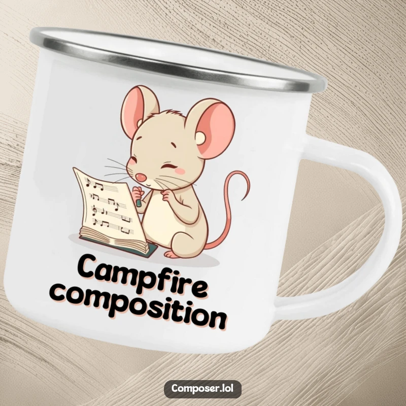 Funny camping mug showing a curious mouse composer peering intently at a musical score, perfect for thoughtful outdoor enjoyment.