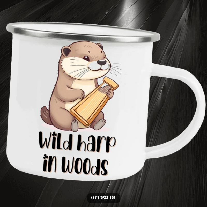 Funny otter campfire mug with a determined otter playing a tiny harp, humorous and durable for outdoor adventures.