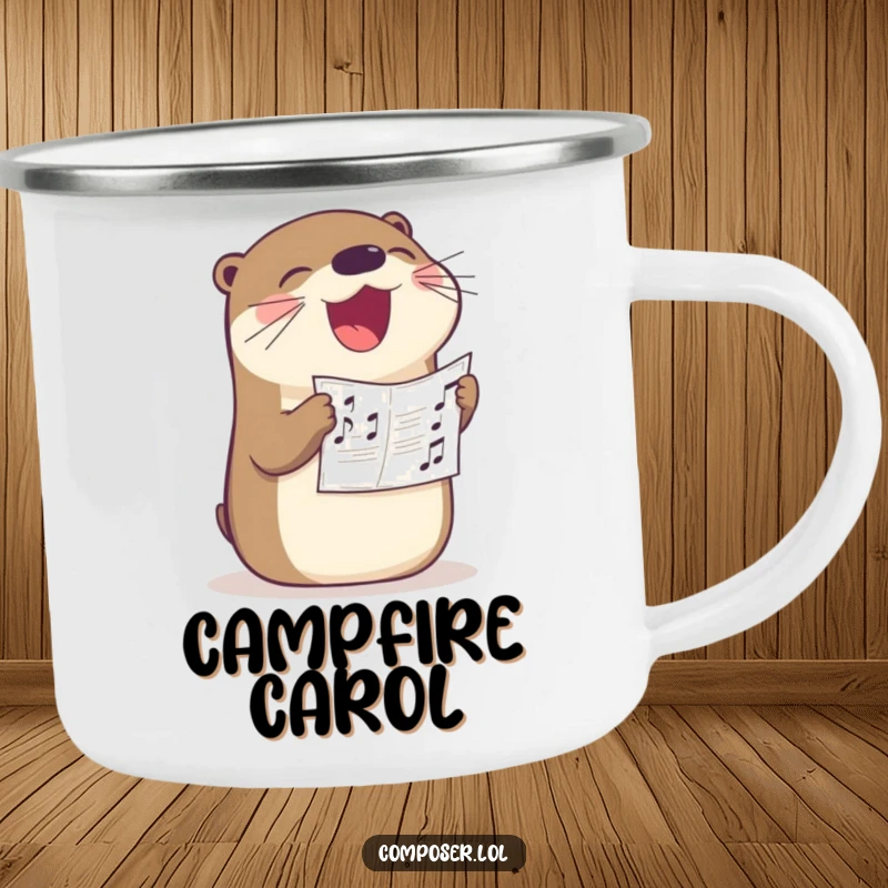 Funny otter singer camping mug, a happy otter singing with sheet music in its beak, perfect for enjoying drinks outdoors.
