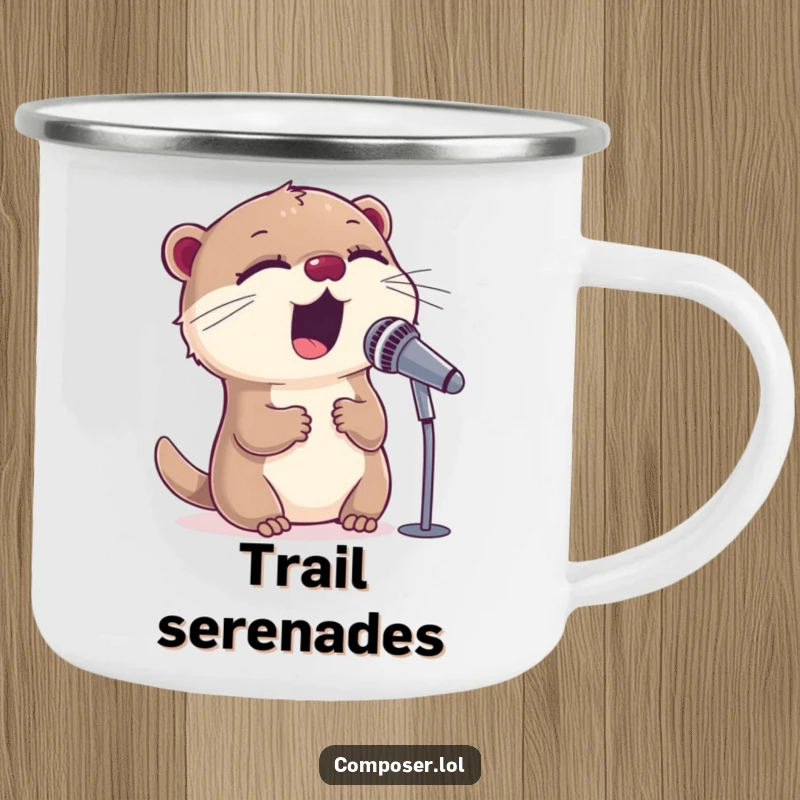 Funny otter character enthusiastically singing into a microphone on a durable camping mug, ready for campfire concerts.