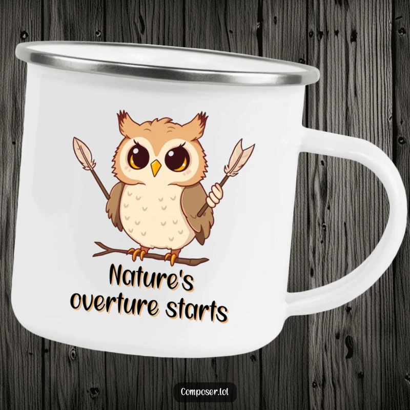Funny owl campfire mug with a curious owl conducting with a feather baton, durable and humorous for outdoor use.