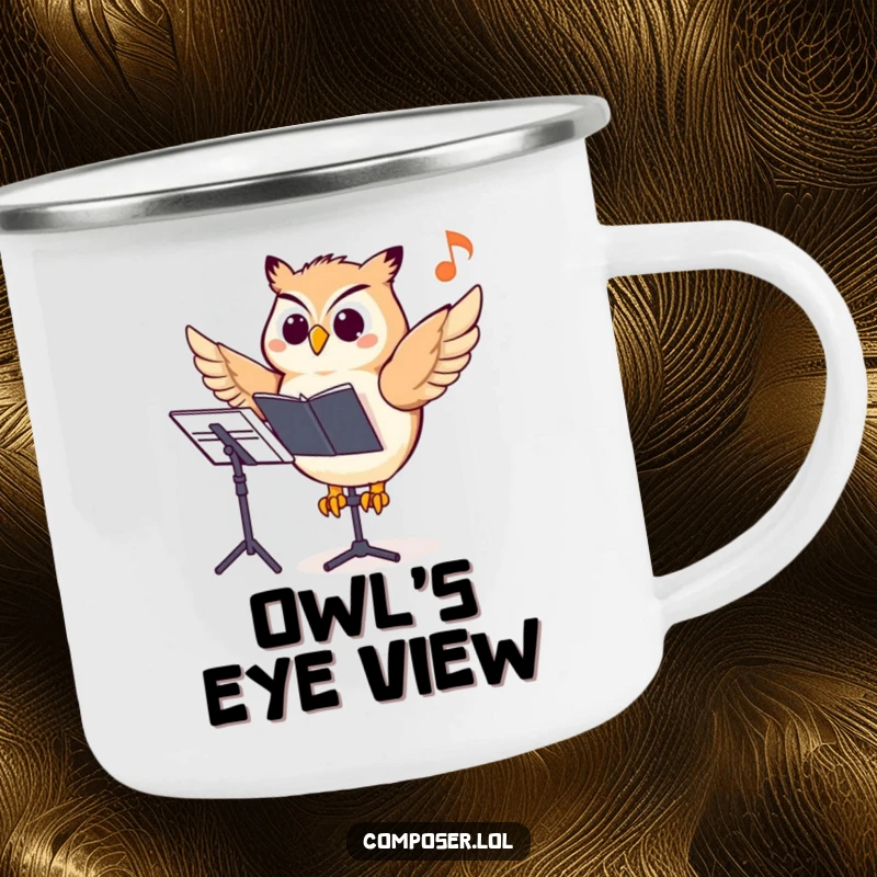 Funny owl composer camping mug, a wise owl pointing at a note, ideal for enjoying beverages outdoors.