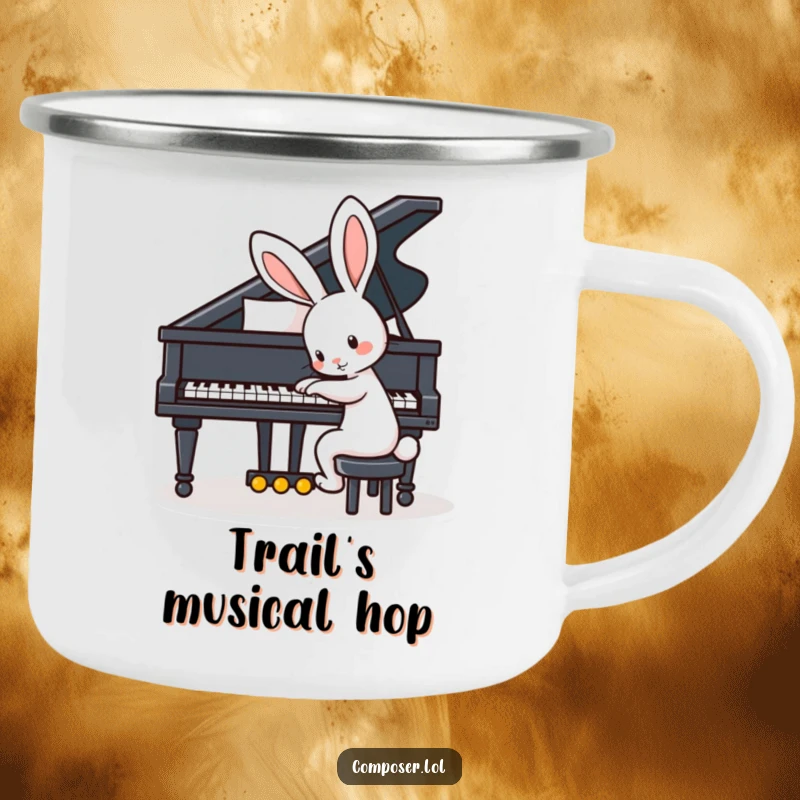 Funny camping mug featuring a playful rabbit with big ears tapping the keys of a grand piano, perfect for campers.