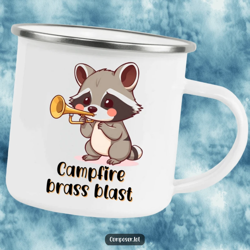 Funny Raccoon Trumpet Camping Mug: a playful raccoon blows into a tiny trumpet with puffed cheeks, for outdoors.