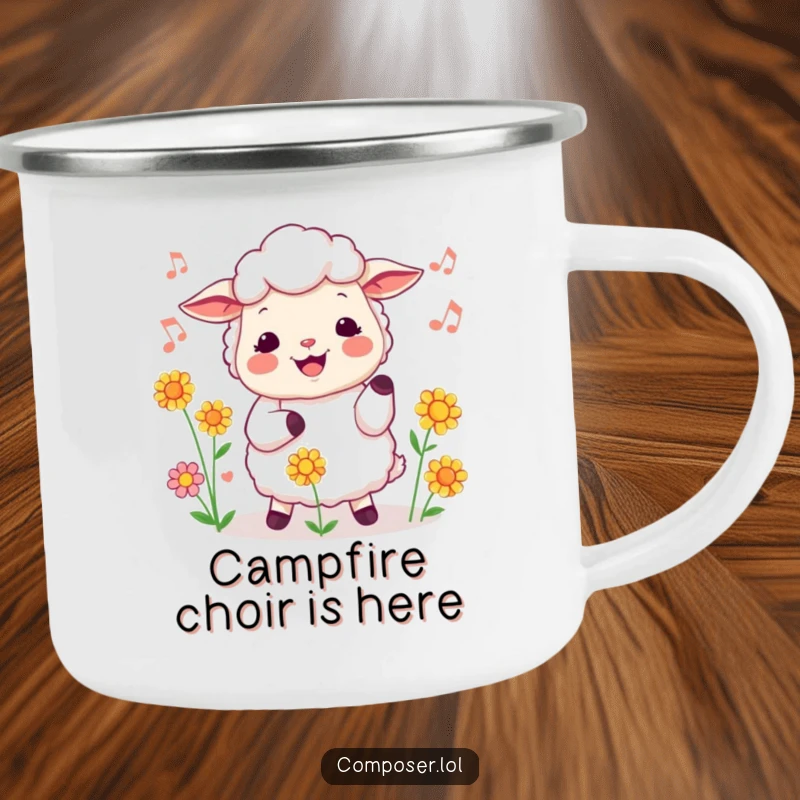 Funny sheep campfire mug with a cheerful sheep conducting flowers, humorous and durable for outdoor adventures.