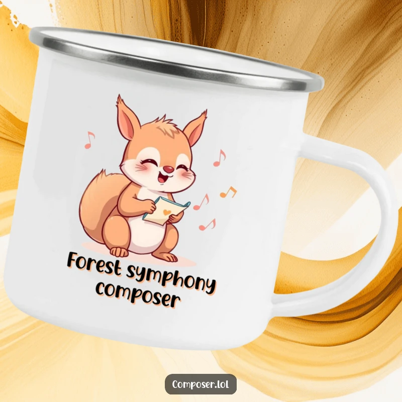 Funny Squirrel Composer Camping Mug, depicting a happy squirrel composing music in a forest setting.