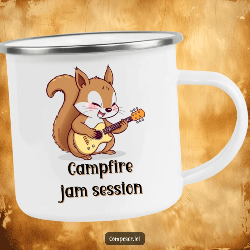 Funny camping mug showing a determined cartoon squirrel meticulously tuning a miniature guitar with focused joy, perfect for enjoying outdoor brews.