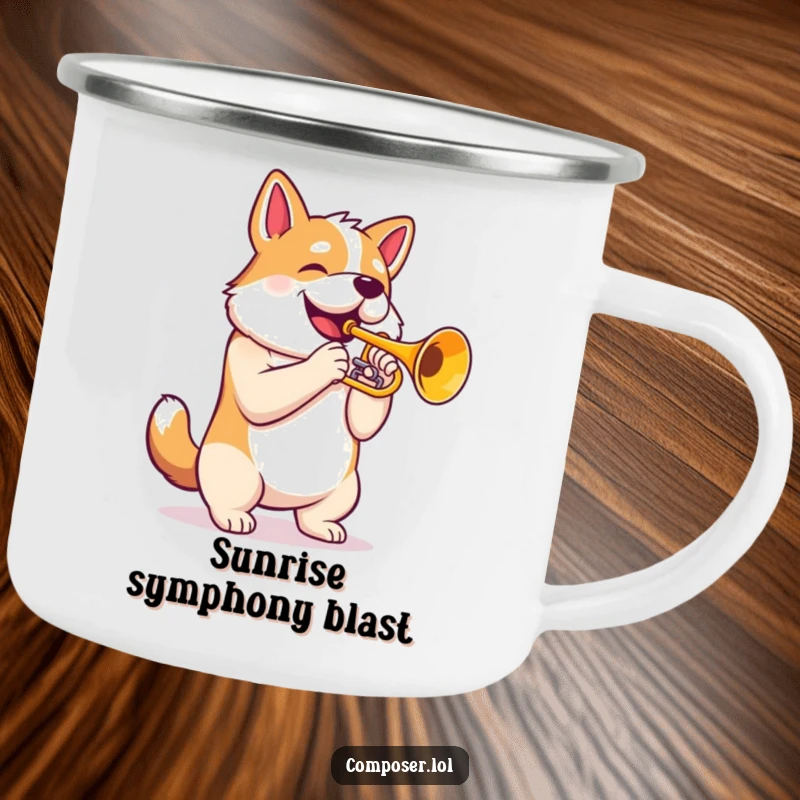 Funny Trumpet Dog Campfire Mug: Proud dog playing majestic trumpet, durable and humorous camping companion