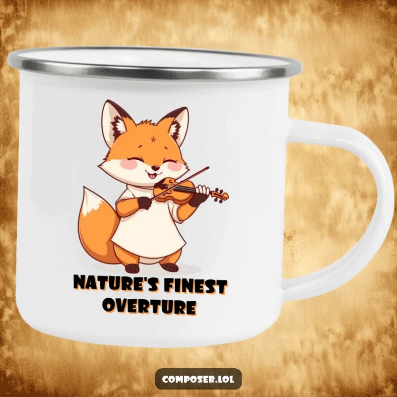 Funny camping mug featuring a fox in a smock playing a miniature violin, perfect for outdoor musical inspiration.