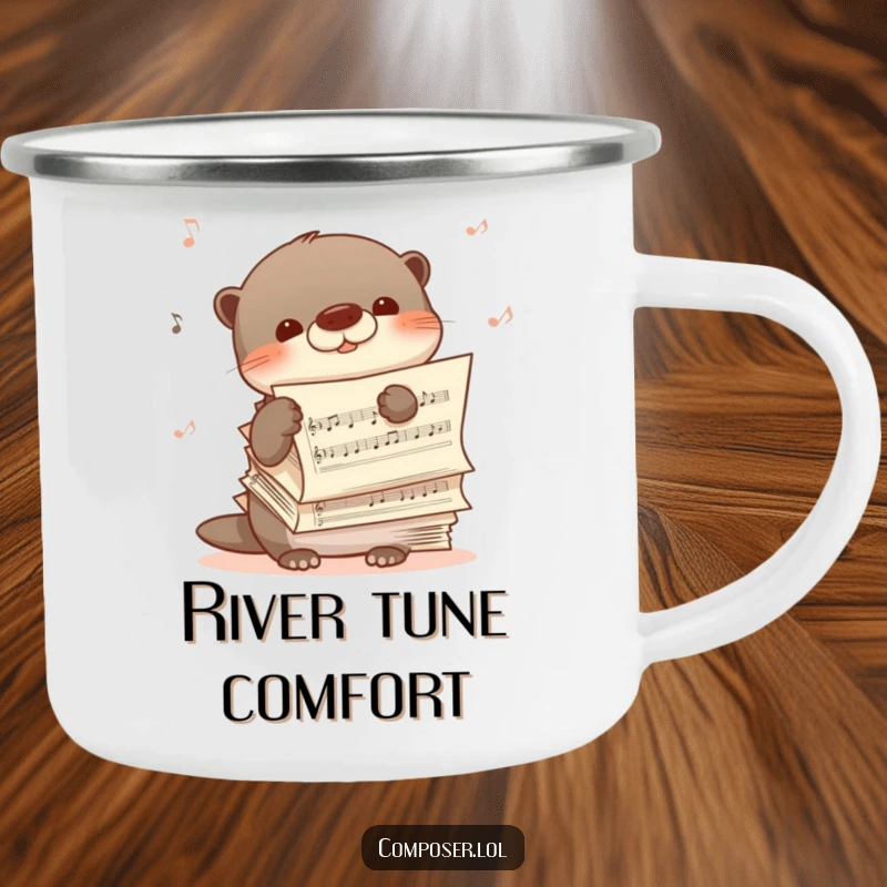 Funny camping mug with a shy otter peeking from behind sheet music, humming happily, ideal for peaceful outdoor moments.