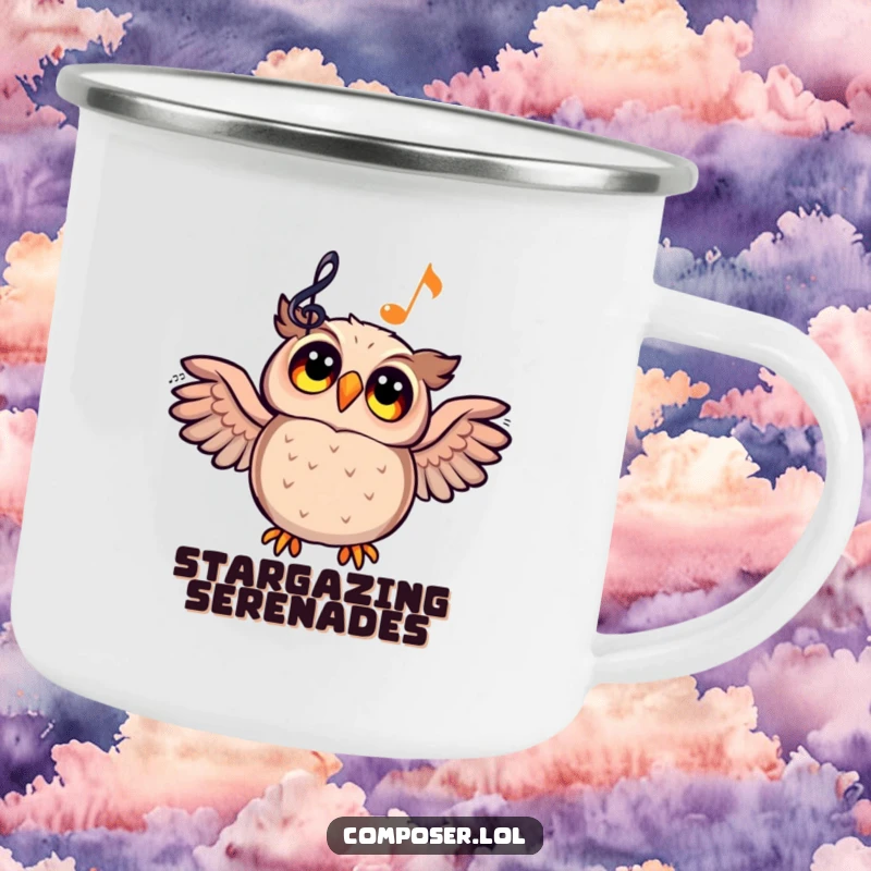 Funny cartoon owl gazing at a glowing musical staff on a durable camping mug, perfect for inspired outdoor moments.