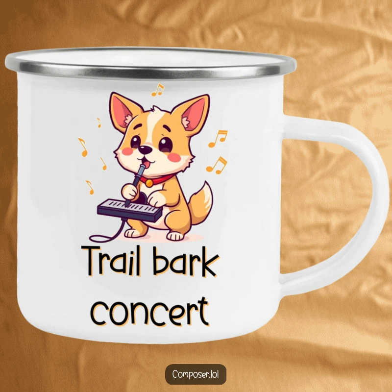 Funny camping mug showing a determined dog composer barking musical rhythms, tail wagging, perfect for outdoor music enjoyment.