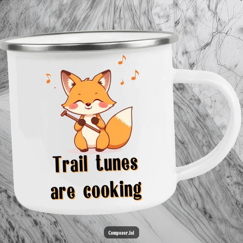 Funny Fox Composer Camping Mug, depicting a happy fox creating music on a staff amidst a serene natural setting.