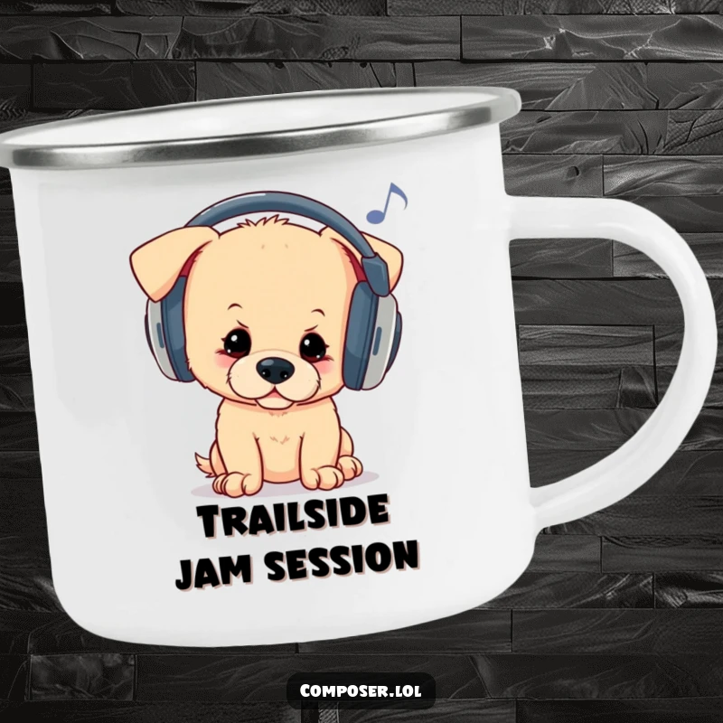 Funny camping mug with a curious puppy wearing oversized headphones, bopping its head to unheard melodies, ideal for outdoor music lovers.