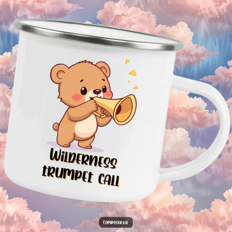 Funny camping mug with a proud bear cub blowing a triumphant fanfare on a ridiculously large trumpet, ideal for outdoor music lovers.