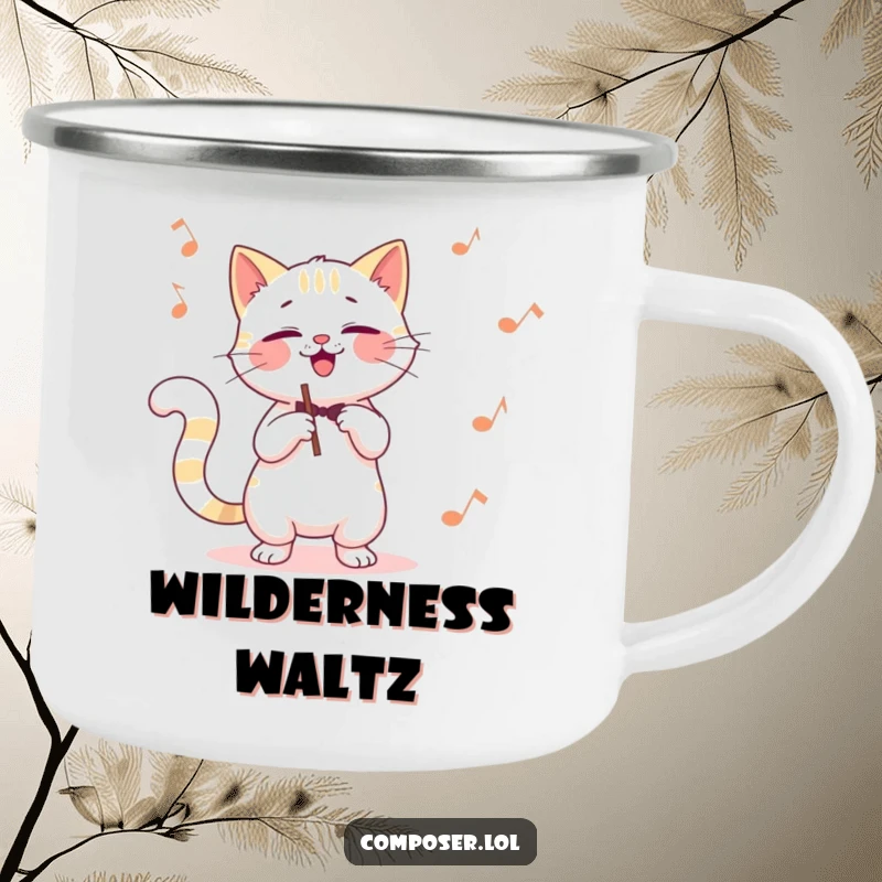 Funny cat composer camping mug, a cat conducting with its tail, ideal for enjoying beverages outdoors with musical whimsy.