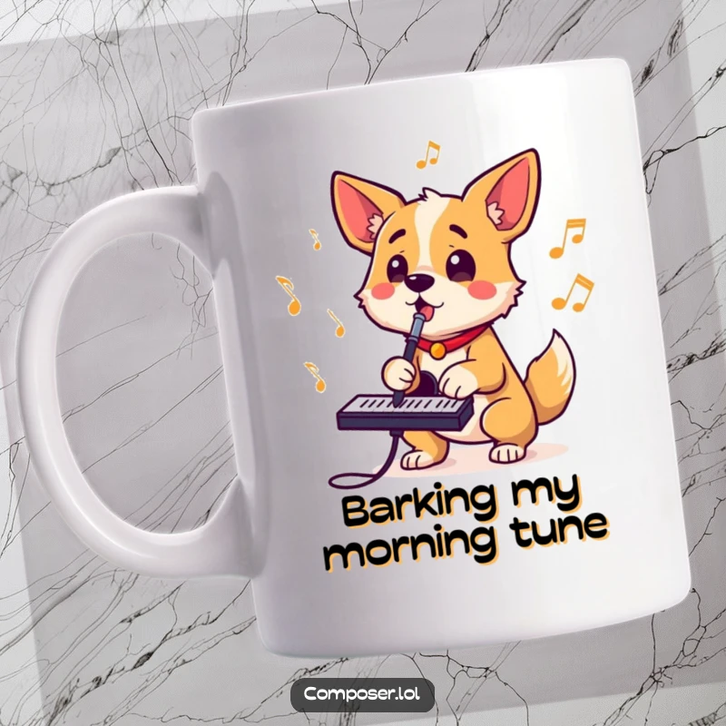 Funny mug showing a determined dog composer barking out rhythms, tail wagging, eyes bright, embodying enthusiastic musical expression.