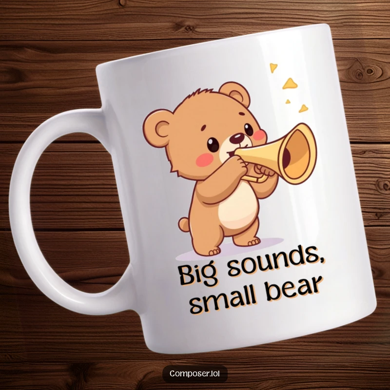 Funny mug with a proud bear cub blowing a triumphant fanfare on a ridiculously large trumpet, showcasing bold musical celebration.