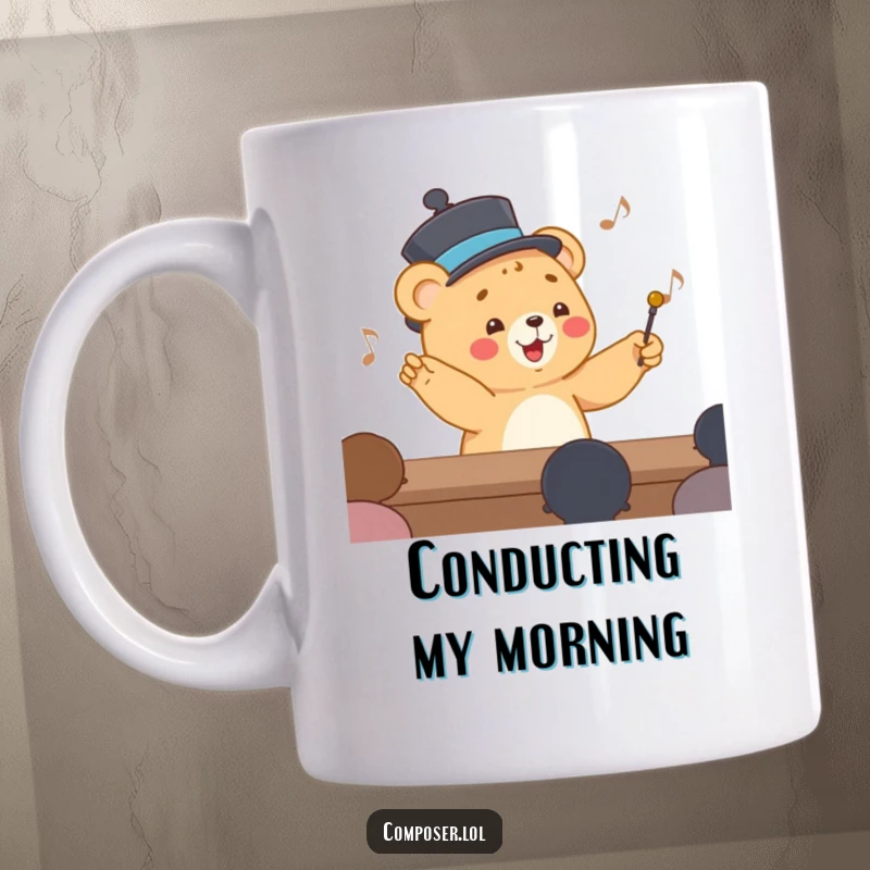 Funny Mug with a happy cartoon bear cub in a smart hat, enthusiastically conducting an invisible orchestra with a tiny baton.