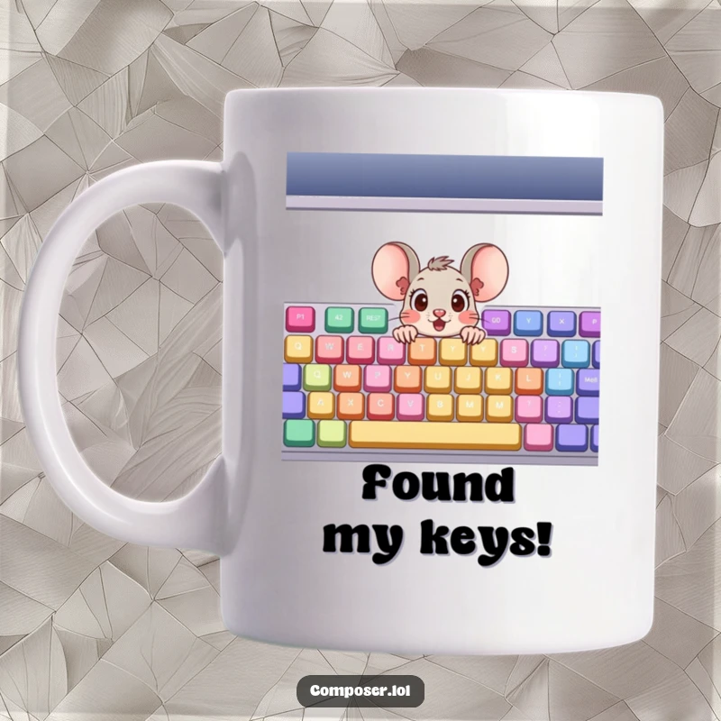 Funny Mug: A surprised cartoon mouse with wide eyes peeking out from a giant, colorful musical keyboard.
