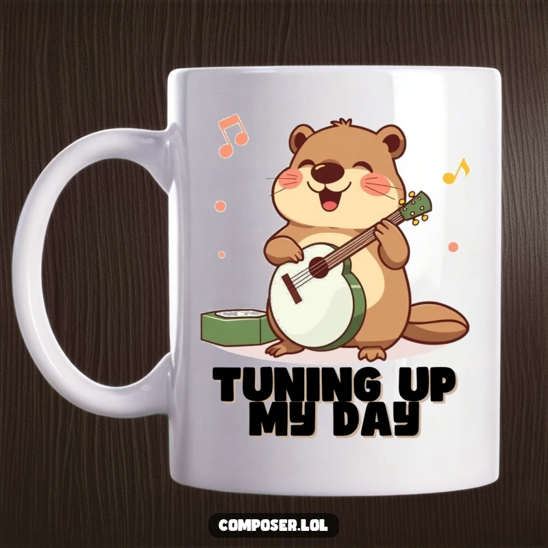 Funny mug showing a beaming beaver carefully arranging musical instruments with precise, happy, and organized movements.