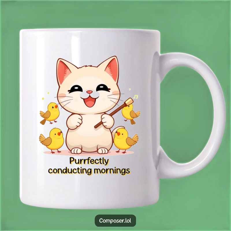 Funny Cat Conductor Mug: Hilarious Maestro Cat Leading Bird Symphony Gift
