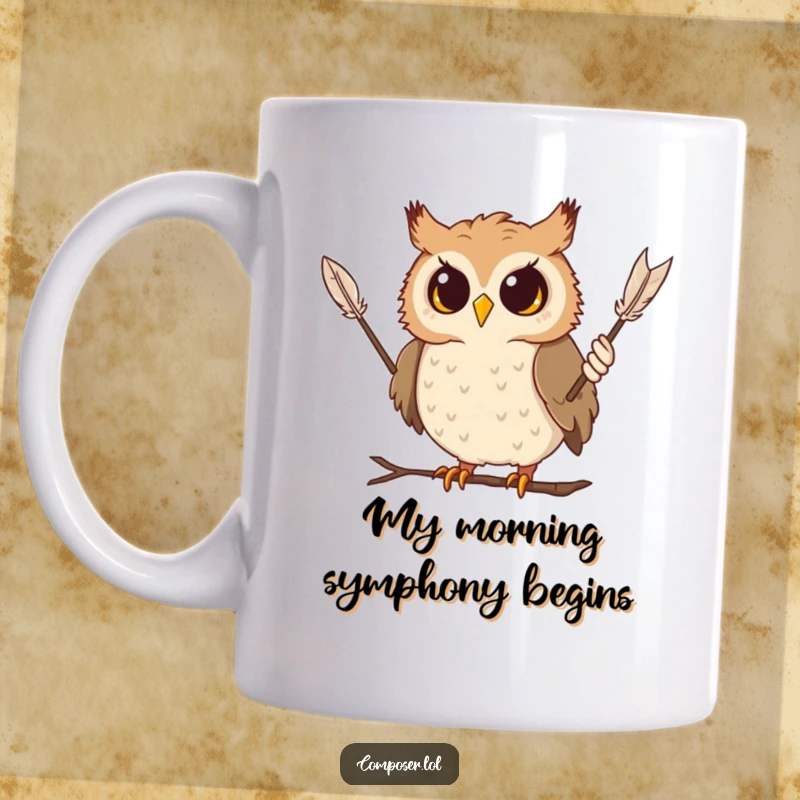 Funny owl mug with a curious expression, dramatically waving a feather baton like a conductor, bringing humor and whimsy.
