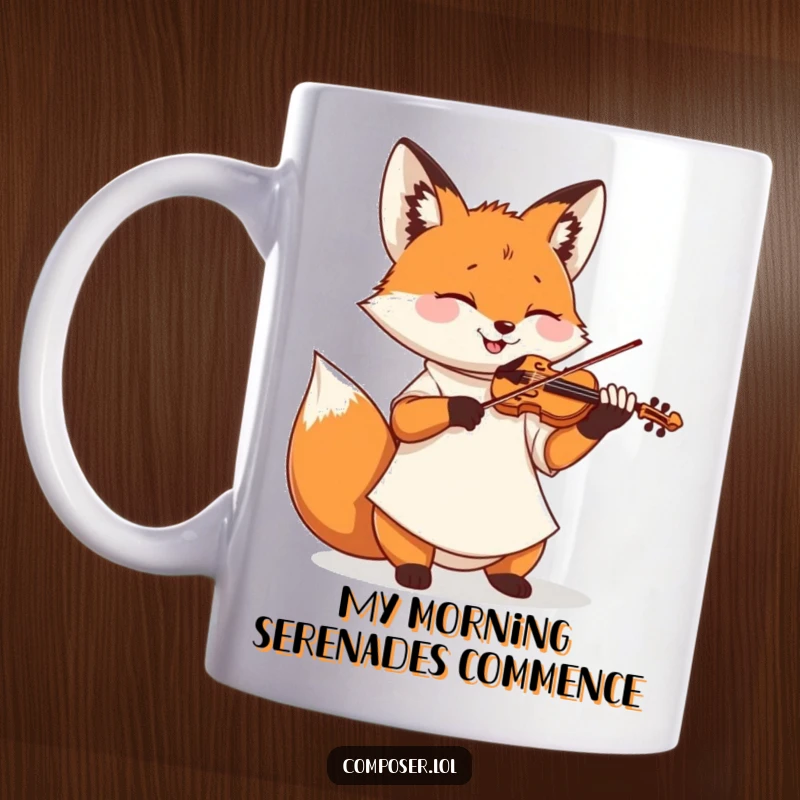 Funny fox in a smock playing a miniature violin with eyes closed in pure musical bliss, a humorous gift.