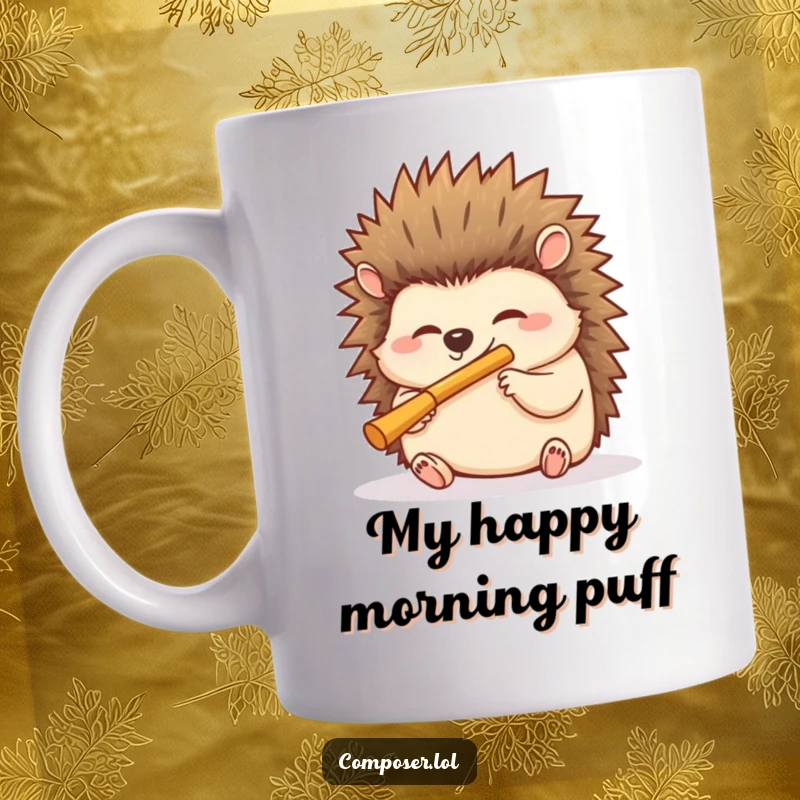 Funny hedgehog mug with a giggling expression, blowing into a miniature flute with delight, a cheerful and musical creature.
