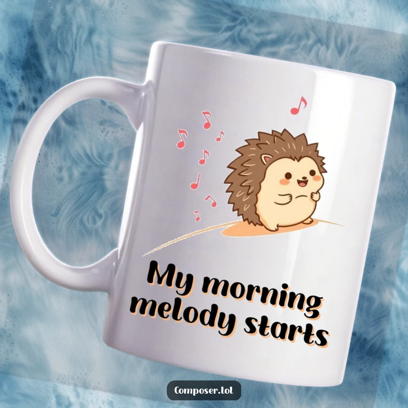 Funny mug featuring a joyful hedgehog rolling downhill, leaving a cheerful trail of smiling musical notes, embodying pure, unadulterated happiness and fun.