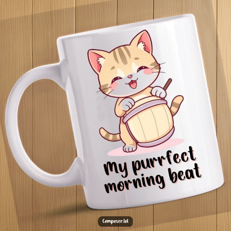 Funny mug with a joyful kitty playfully tapping a drum, radiating happiness and musical energy.