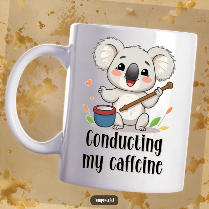 Funny Koala Mug: A koala conductor enthusiastically leads an orchestra with a twig baton, beaming with joy.