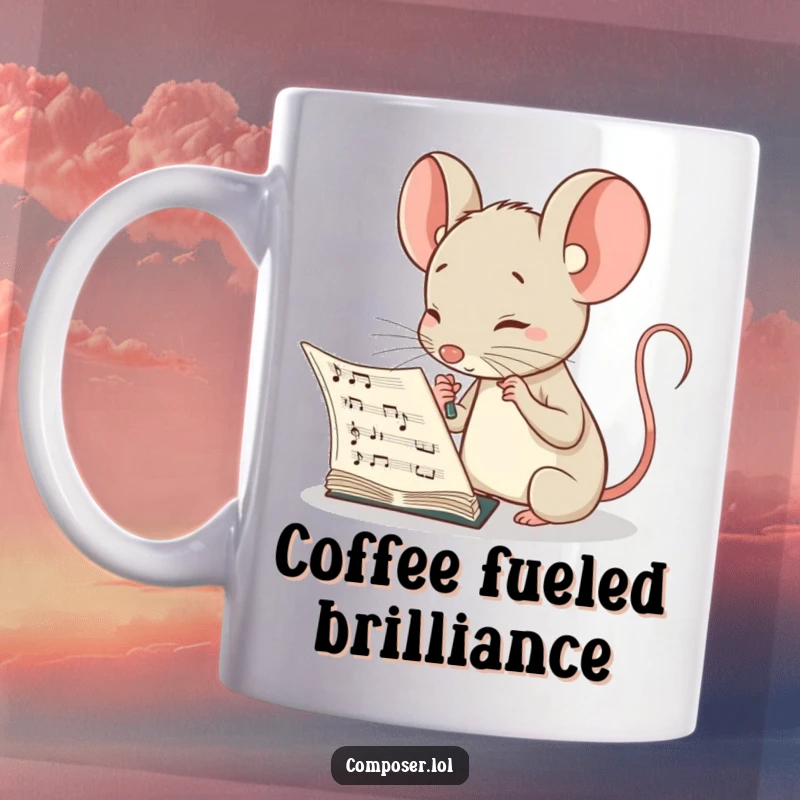 Funny mug featuring a curious mouse composer peering intently at a musical score with a deeply thoughtful expression.