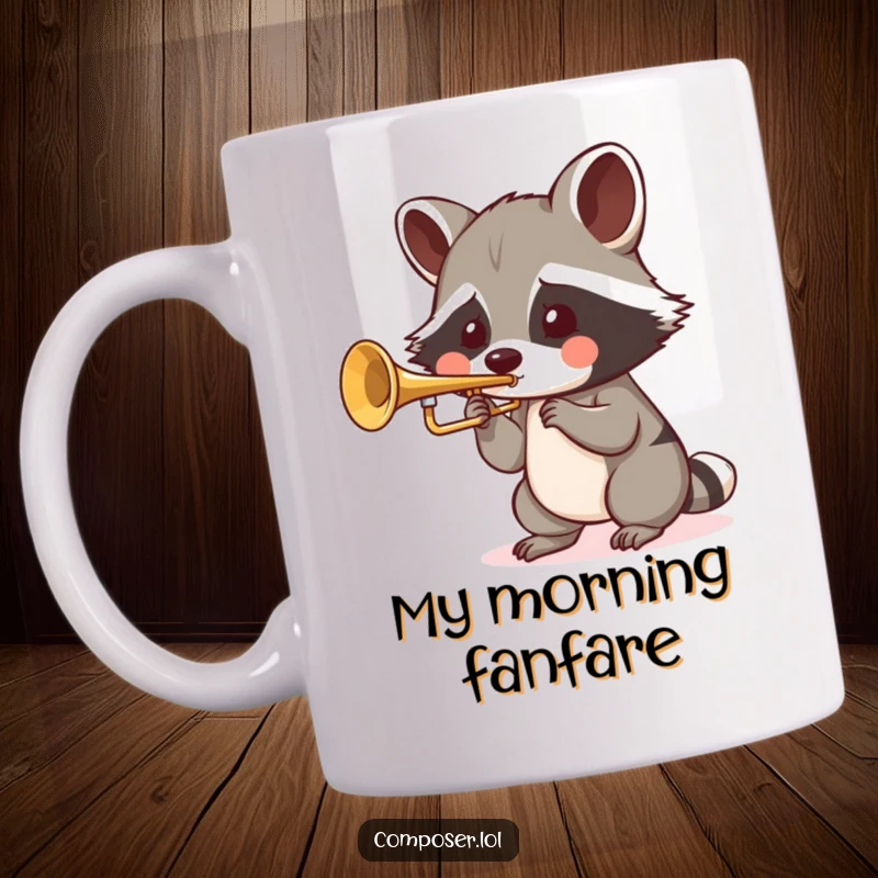 Funny Raccoon Trumpet Mug: a playful raccoon blows into a tiny trumpet with puffed cheeks, making music.