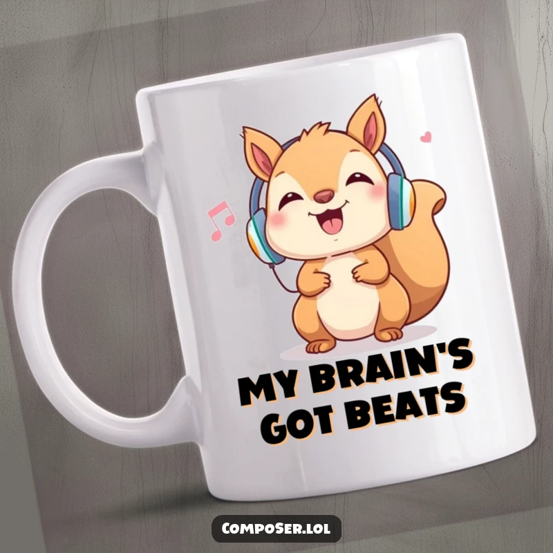 Funny Squirrel DJ Mug: Cheerful rodent with headphones bopping head to music, energetic and fun gift