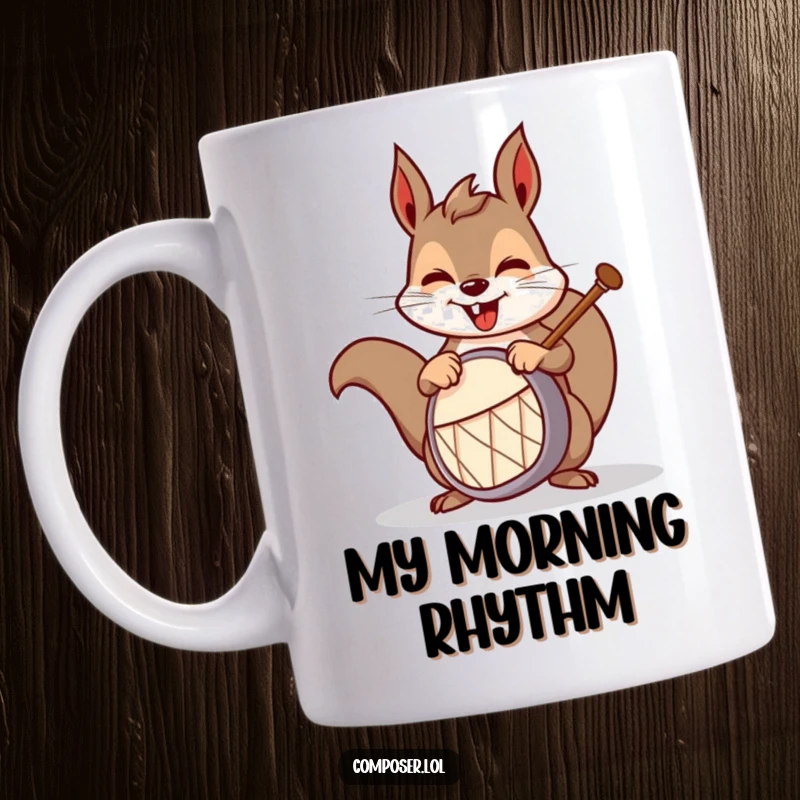 Funny squirrel drummer mug, a mischievous rodent energetically playing a tiny drum with a big grin, perfect for music lovers.