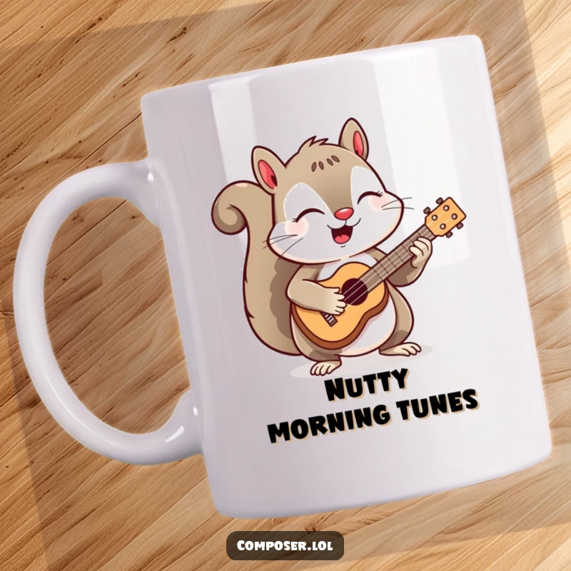 Funny mug featuring a joyful squirrel enthusiastically playing a miniature ukulele with eyes closed, lost in the music.