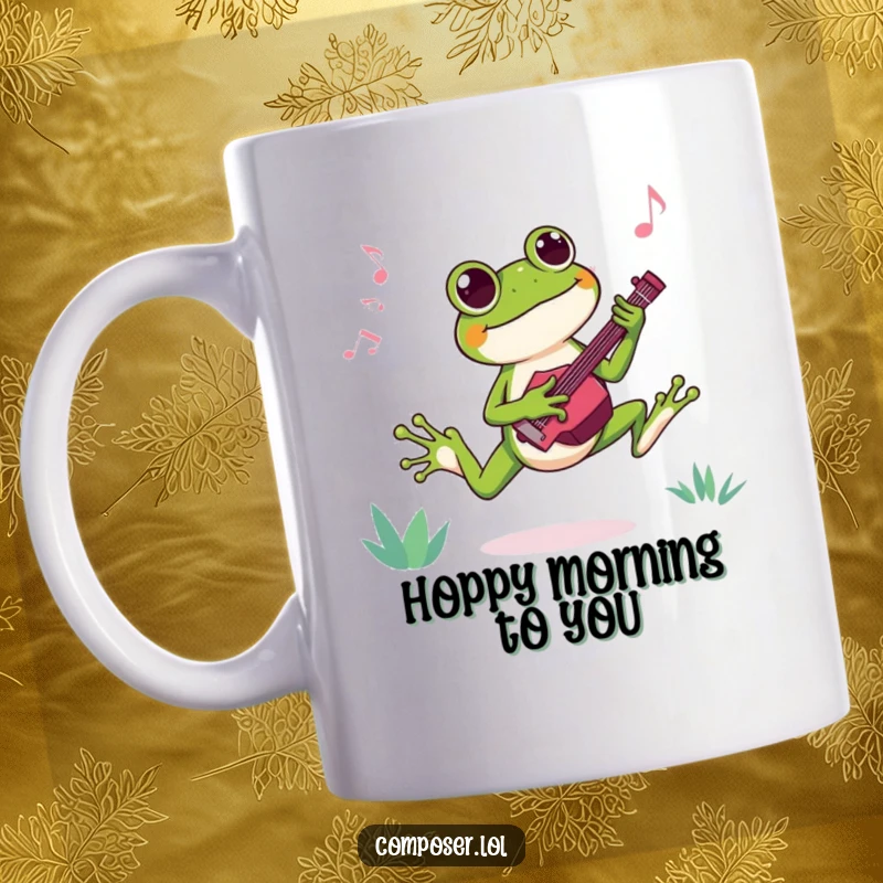 Funny mug featuring a joyful frog composer leaping with excitement while creating a catchy new tune, full of musical energy.