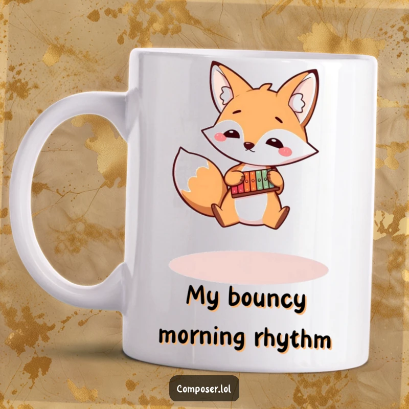 Funny fox mug with a bouncy leap, playing a tiny xylophone with energetic rhythm, a lively and humorous character.