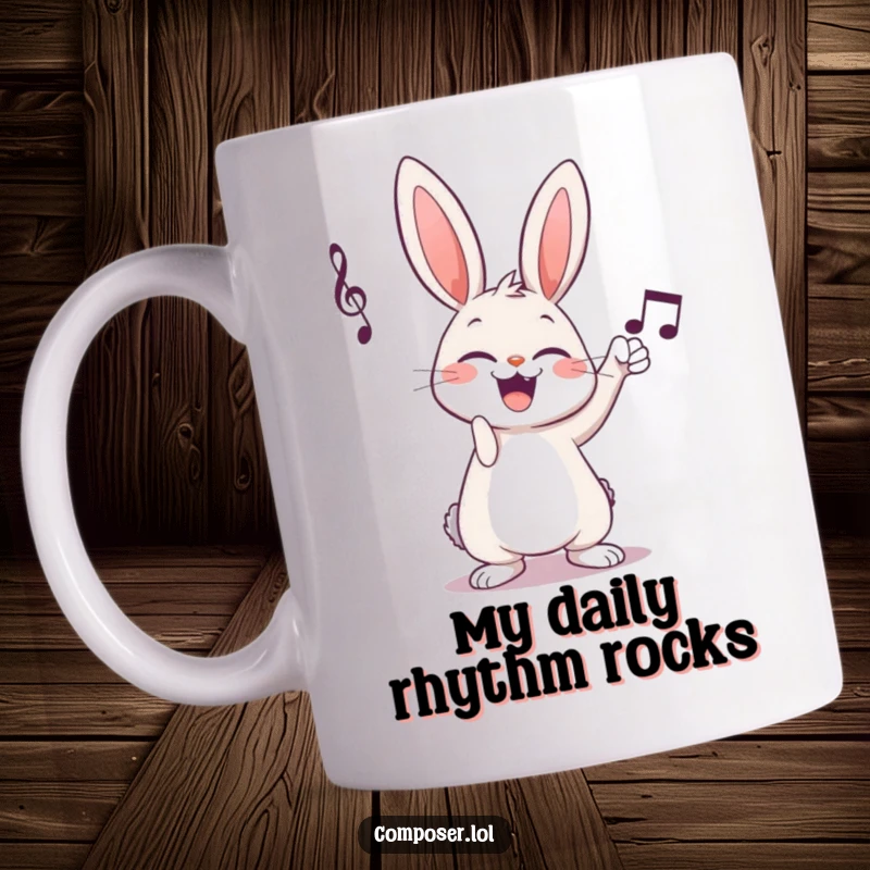 Funny cartoon rabbit giggling and tapping musical notes with a maestro's flourish on a mug, celebrating music humor.