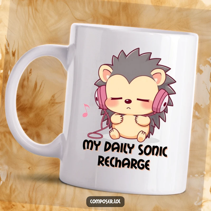 Funny hedgehog with earbuds and closed eyes, intensely focused on listening to music, perfect for a coffee mug gift.