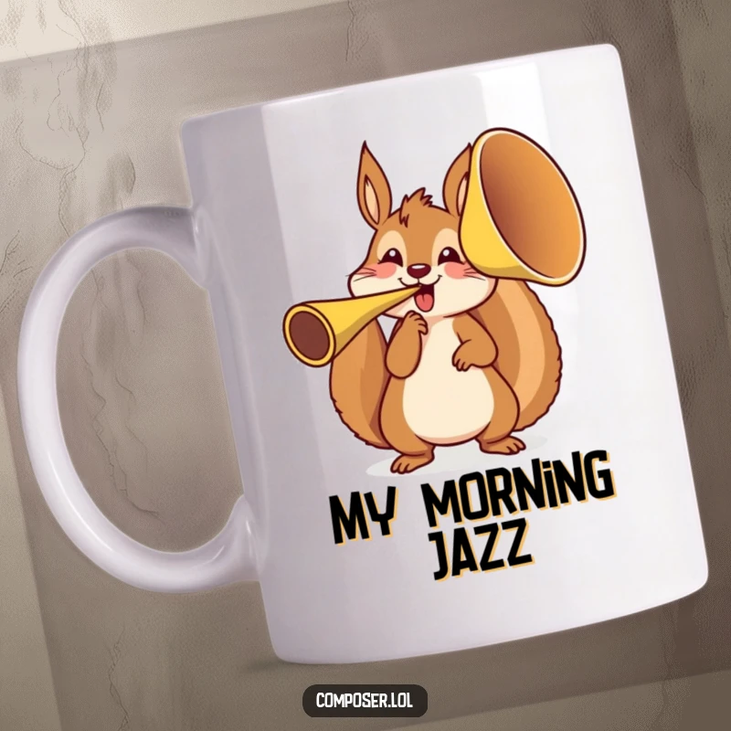 Funny squirrel character enthusiastically tooting a gigantic French horn on a ceramic mug, ready to bring a smile.