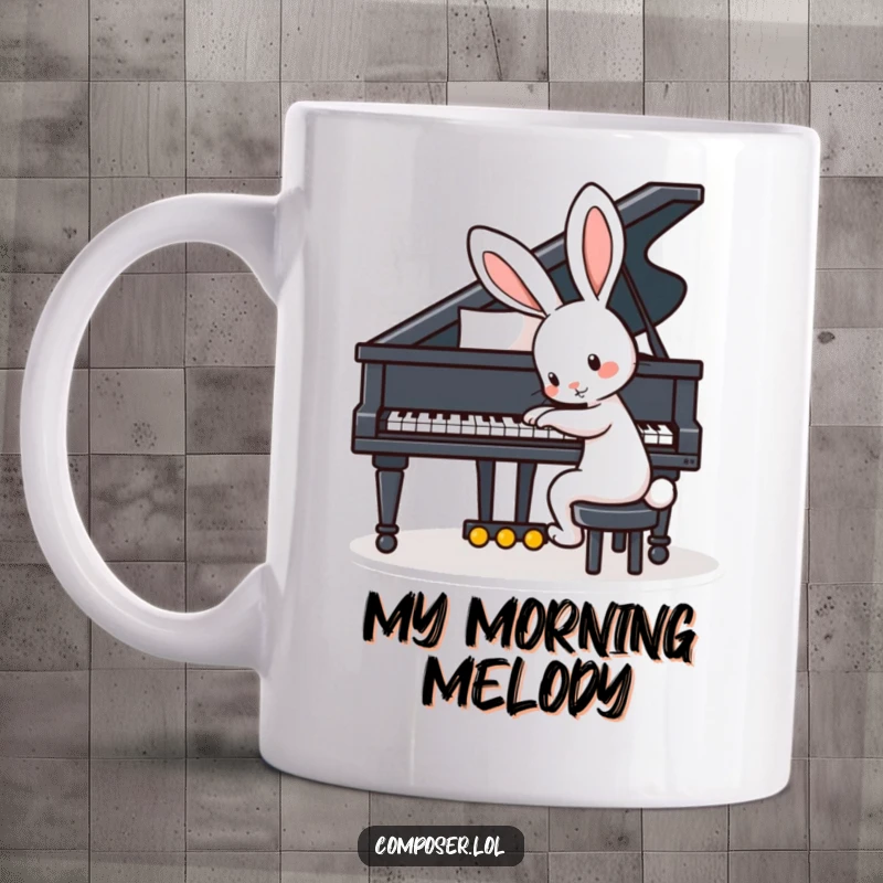 Funny mug featuring a playful rabbit with big ears tapping keys on a grand piano, creating joyful music.