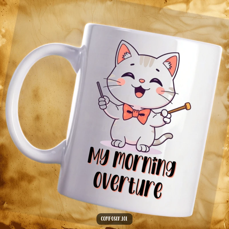Funny mug featuring a happy cat in a tiny bow tie enthusiastically conducting with a baton, embodying musical passion.