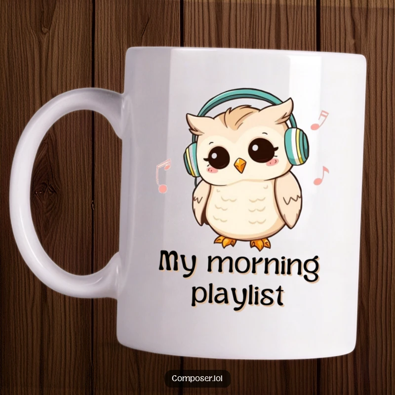 Funny Owl DJ Mug: a cute owl wearing headphones nods rhythmically to an unheard beat, perfect for music lovers.