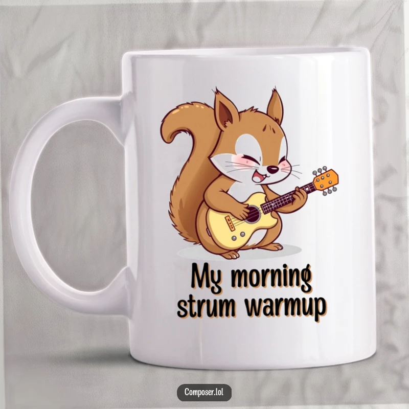 Funny mug featuring a determined cartoon squirrel meticulously tuning a miniature guitar with focused joy, celebrating music and passion.