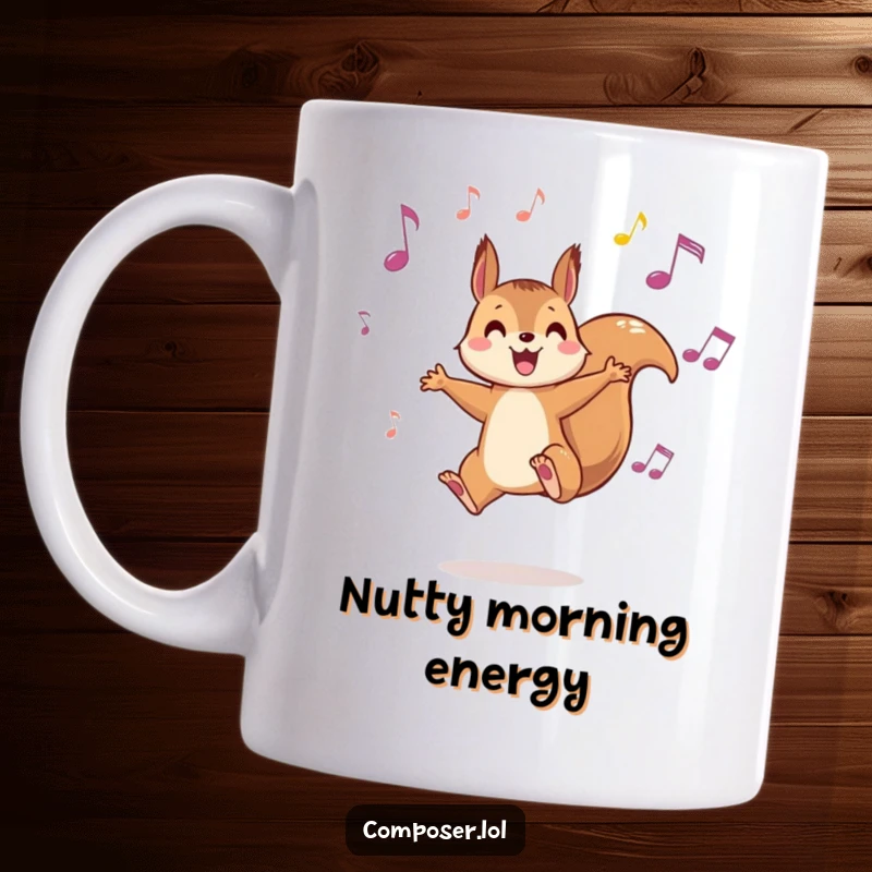 Funny Squirrel Music Mug - A playful squirrel leaping between musical notes with glee, perfect for music lovers and nature fans.
